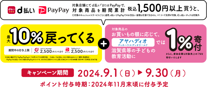 対象店舗にてd払い※1またはPayPayで、対象商品を期間累計税込み1,500円以上買うと、最大10％戻ってくる＋1％寄付　キャンペーン期間2024.9.1（金）→9.30（土） ポイント付与時期：2024年11月末頃に付与予定