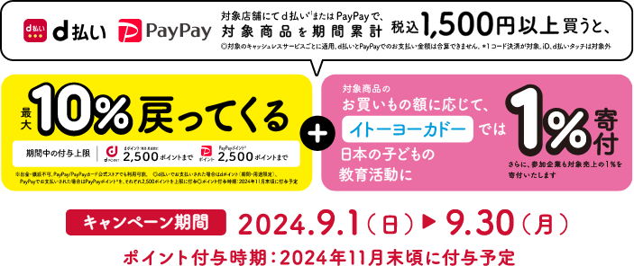 対象店舗にてd払い※1またはPayPayで、対象商品を期間累計税込み1,500円以上買うと、最大10％戻ってくる＋1％寄付　キャンペーン期間2024.9.1（金）→9.30（土） ポイント付与時期：2024年11月末頃に付与予定