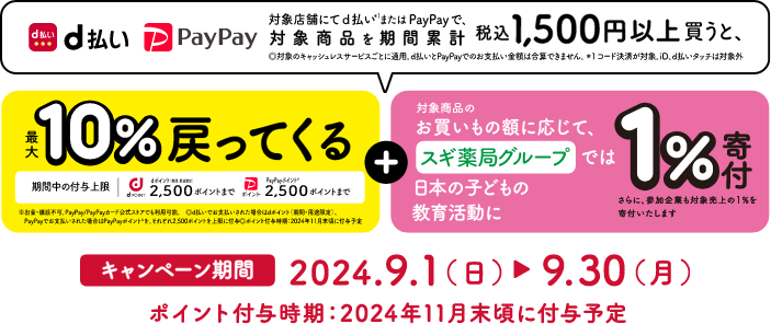 対象店舗にてd払い※1またはPayPayで、対象商品を期間累計税込み1,500円以上買うと、最大10％戻ってくる＋1％寄付　キャンペーン期間2024.9.1（金）→9.30（土） ポイント付与時期：2024年11月末頃に付与予定