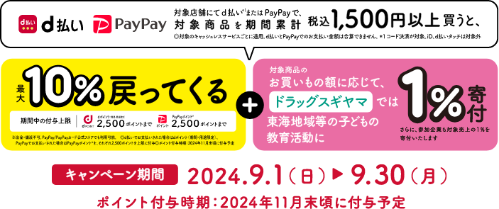 対象店舗にてd払い※1またはPayPayで、対象商品を期間累計税込み1,500円以上買うと、最大10％戻ってくる＋1％寄付　キャンペーン期間2024.9.1（金）→9.30（土） ポイント付与時期：2024年11月末頃に付与予定